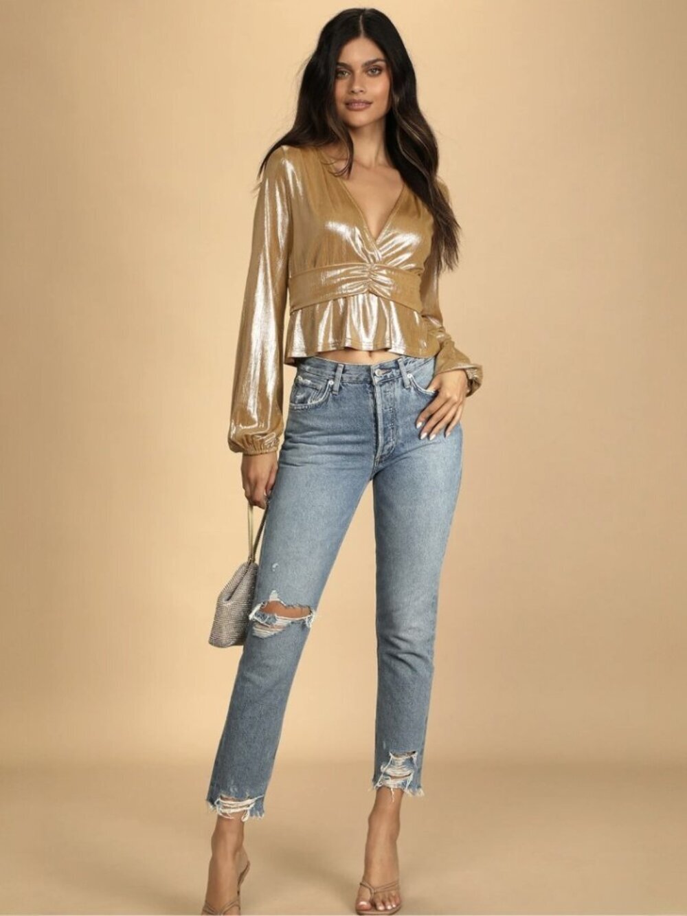 Lulus Shining Beauty Metallic Gold Long Sleeve Top NWT - Picture 1 of 9
